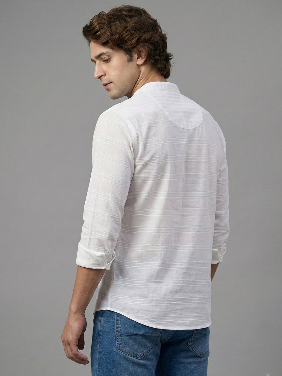 TerraDesi White Horizon Textured Cotton Short Kurta for Men | Mandarin Collar Roll-Up Sleeve Kurta