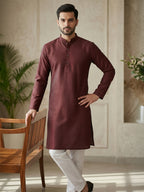 RudraRaj Jacquard Festive Kurta for Men | TerraDesi Royal Maroon Long Kurta