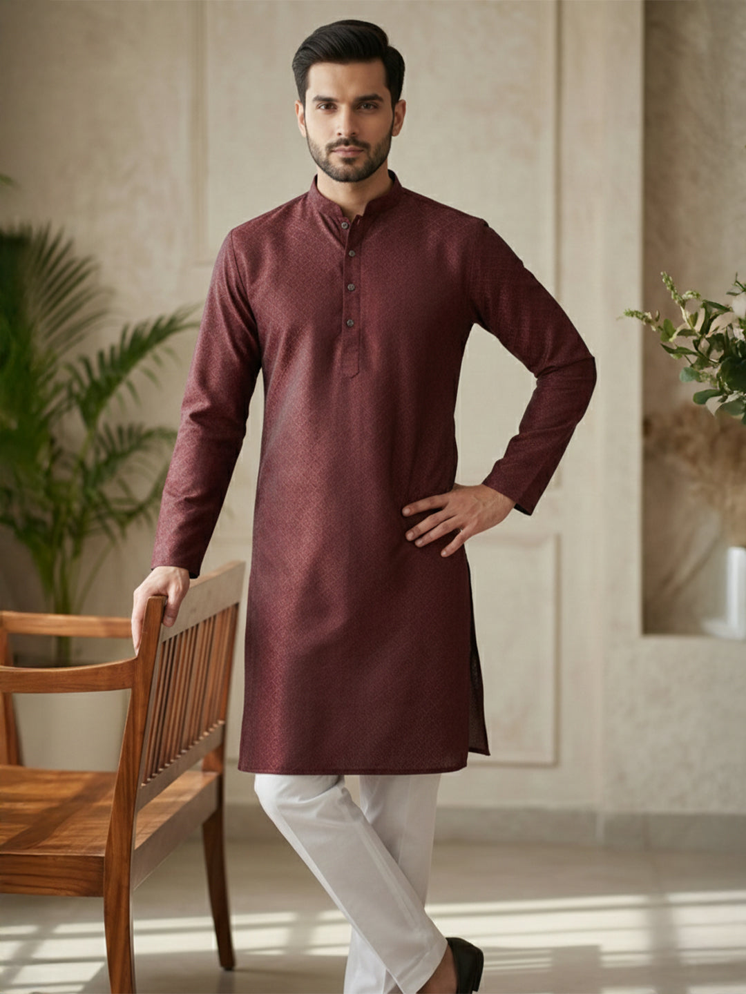 RudraRaj Jacquard Festive Kurta for Men | TerraDesi Royal Maroon Long Kurta