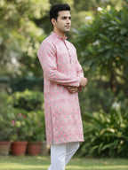 TerraDesi Royal Peach Crochet Kurta Set for Men – Designer Self Printed Festive Kurta with Pajama