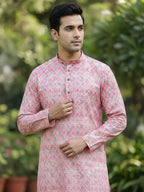TerraDesi Royal Peach Crochet Kurta Set for Men – Designer Self Printed Festive Kurta with Pajama