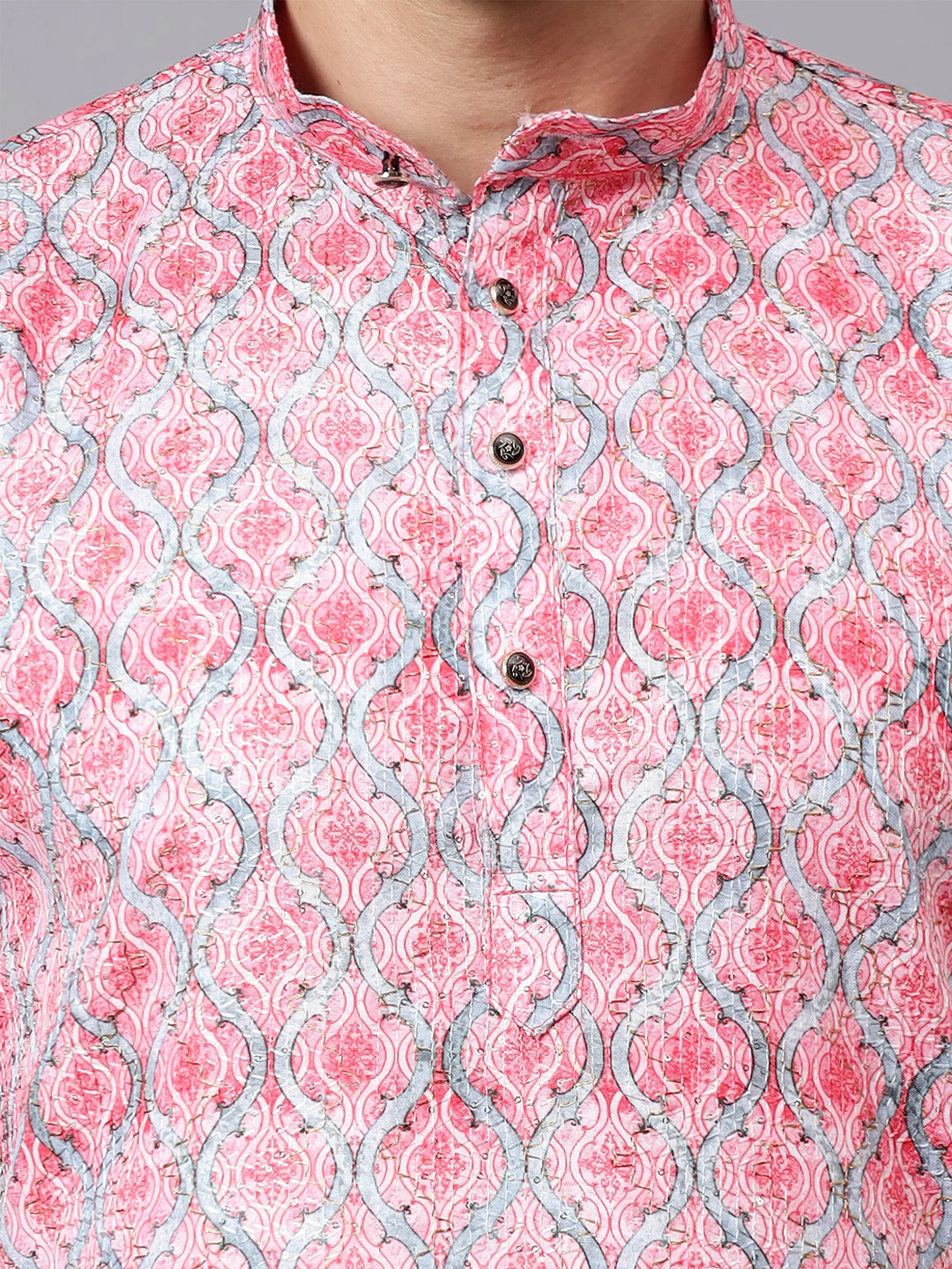 TerraDesi Royal Peach Crochet Kurta Set for Men – Designer Self Printed Festive Kurta with Pajama