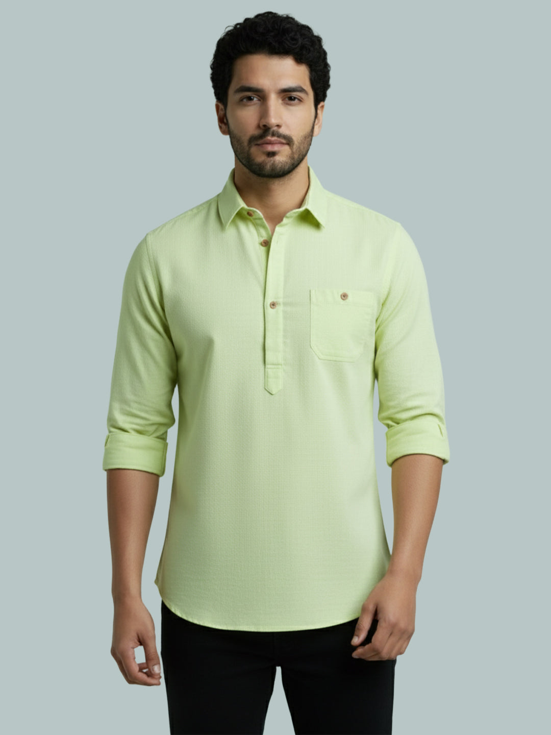 TerraDesi Men's Solid Cotton Short Kurta | Casual Full Sleeve Regular Fit (SE89)