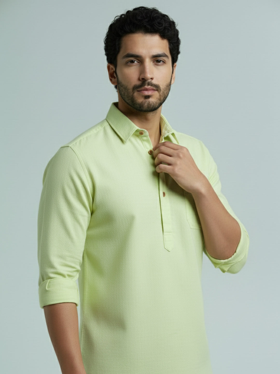 TerraDesi Men's Solid Cotton Short Kurta | Casual Full Sleeve Regular Fit (SE89)
