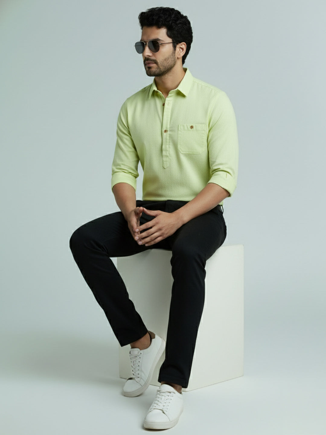 TerraDesi Men's Solid Cotton Short Kurta | Casual Full Sleeve Regular Fit (SE89)