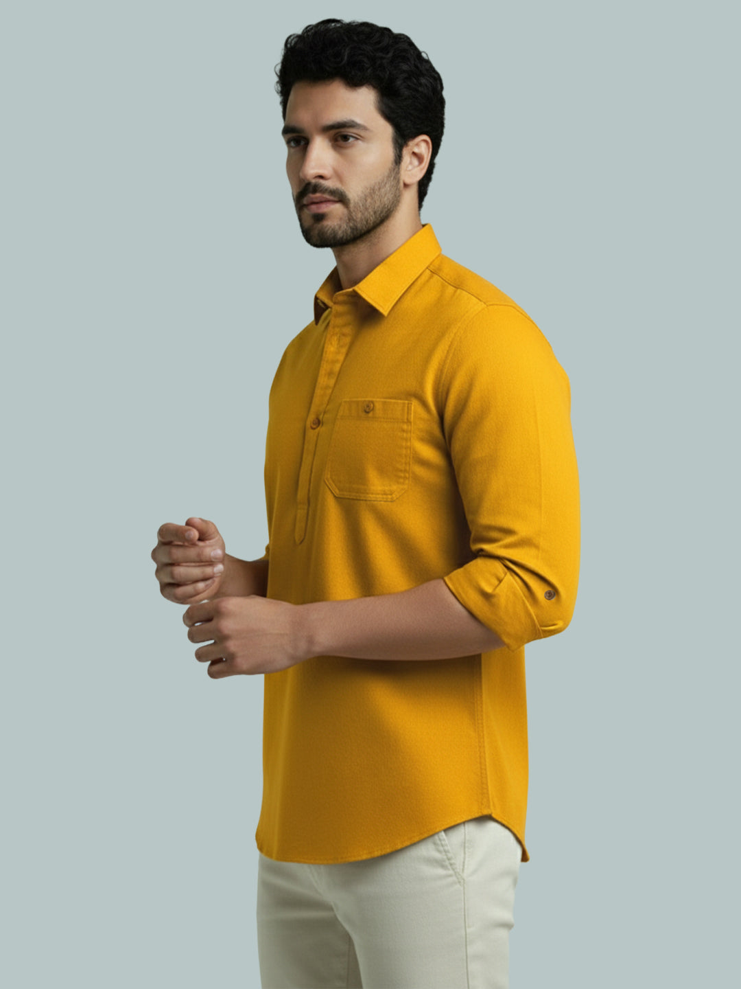 TerraDesi Men's Solid Cotton Short Kurta | Casual Full Sleeve Regular Fit (SE89)