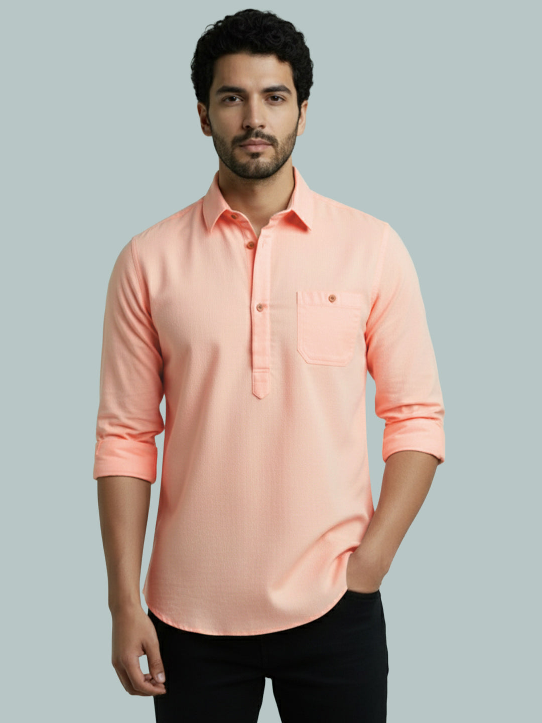 TerraDesi Men's Solid Cotton Short Kurta | Casual Full Sleeve Regular Fit (SE89)