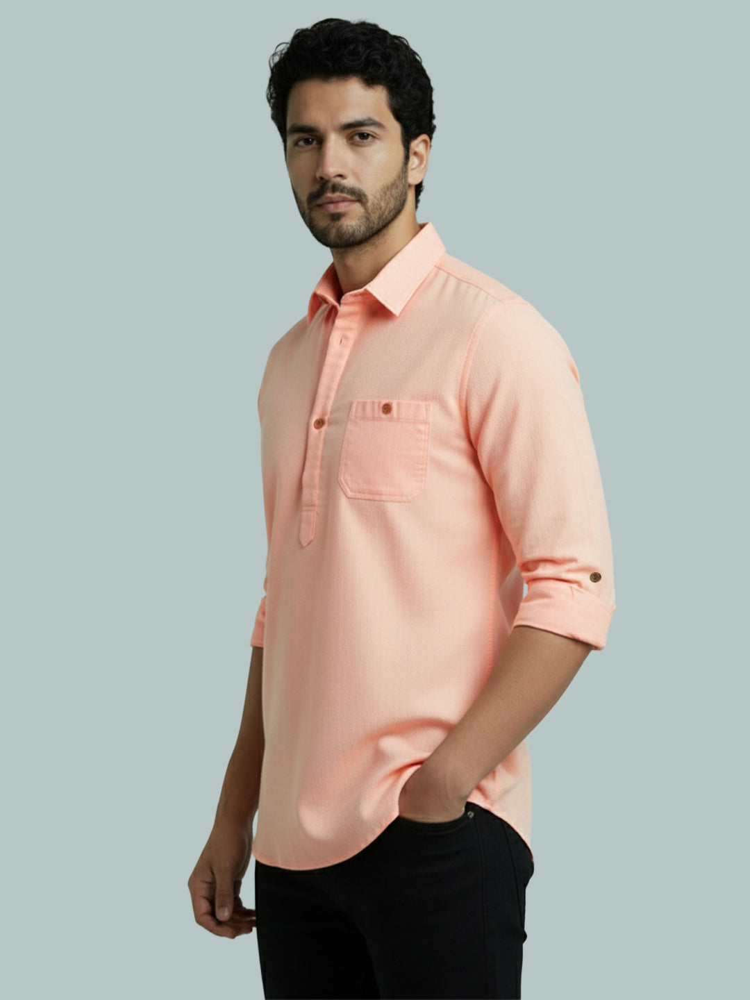 TerraDesi Men's Solid Cotton Short Kurta | Casual Full Sleeve Regular Fit (SE89)