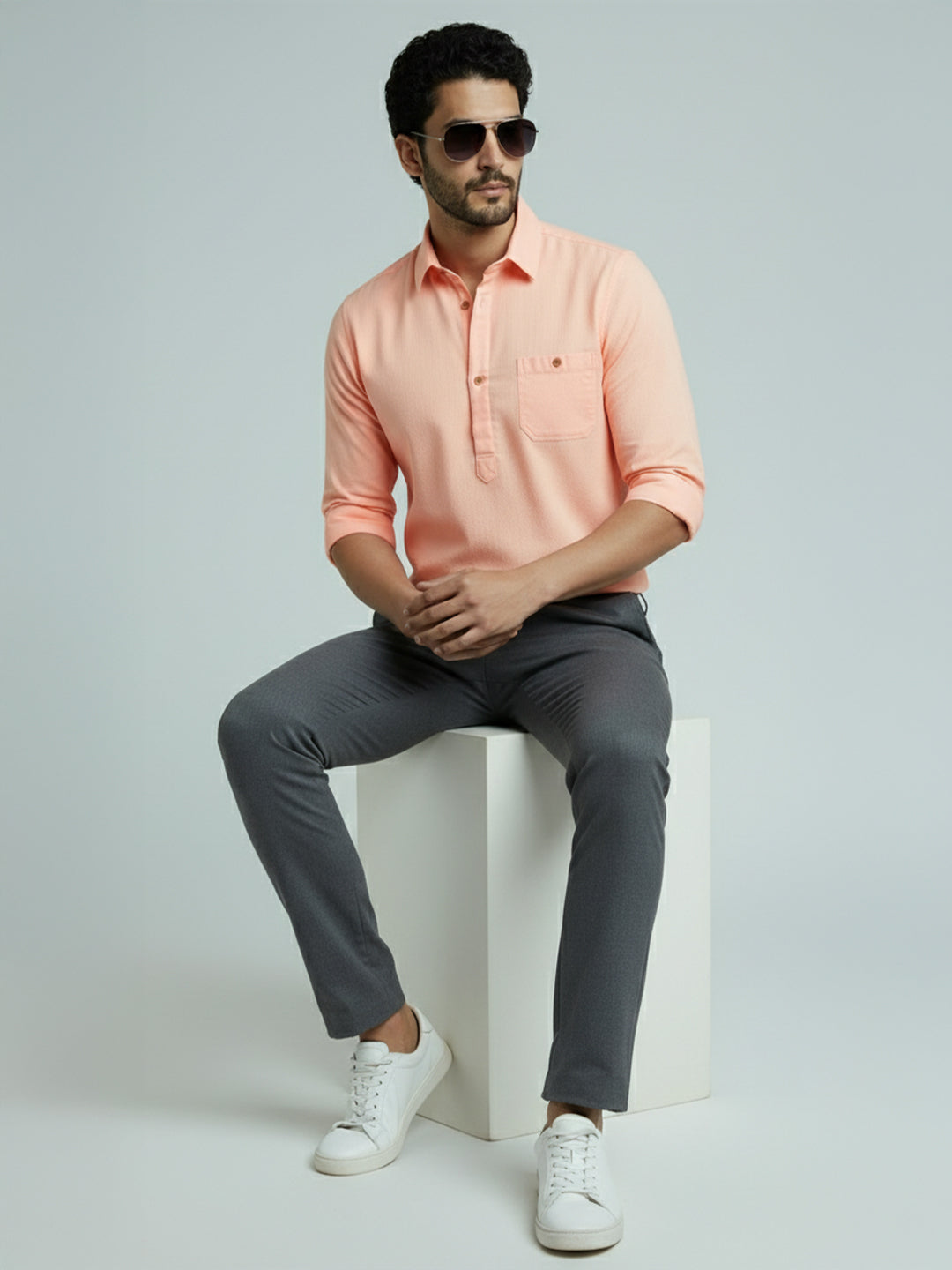TerraDesi Men's Solid Cotton Short Kurta | Casual Full Sleeve Regular Fit (SE89)